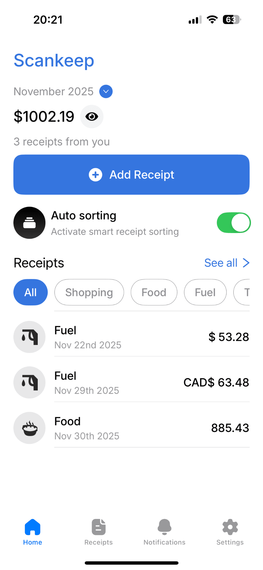 ScanKeep app interface showing receipt tracking